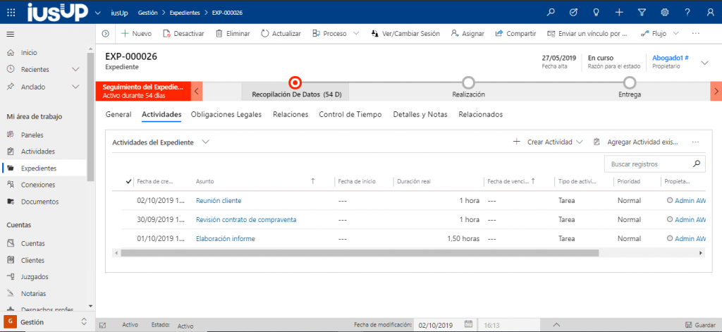 Cómo modernizar la gestión de expedientes: Captura de la interfaz de iusUp con la pestaña Actividades activada