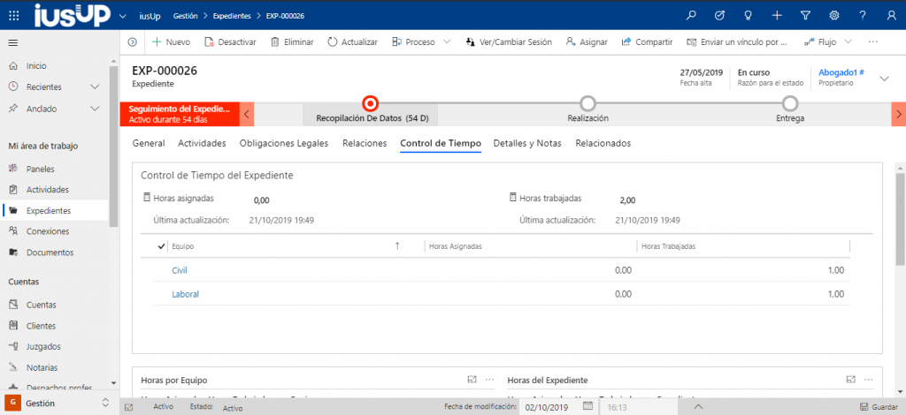 Cómo modernizar la gestión de expedientes: Captura de la interfaz de iusUp con la pestaña Control de tiempo activada