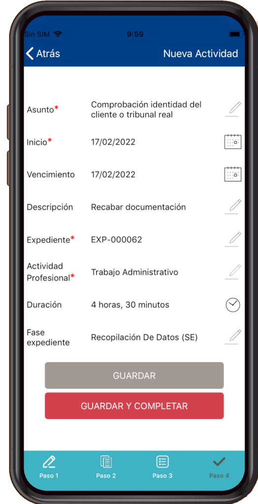 Al crear una actividad con la app de iusUp accederás a una pantalla similar a la que puedes ver en esta imagen.